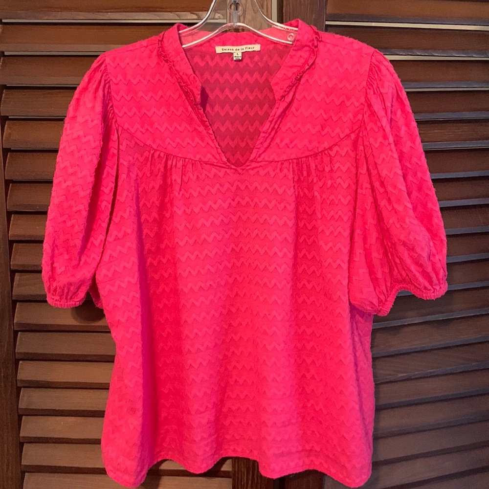 Anthropologie Saison de la Fleur balloon sleeve blouse, hot pink, size Large